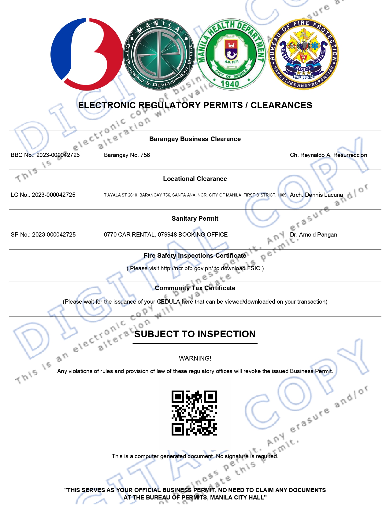 Business Permit · PHILIPPINE RENT A CAR®